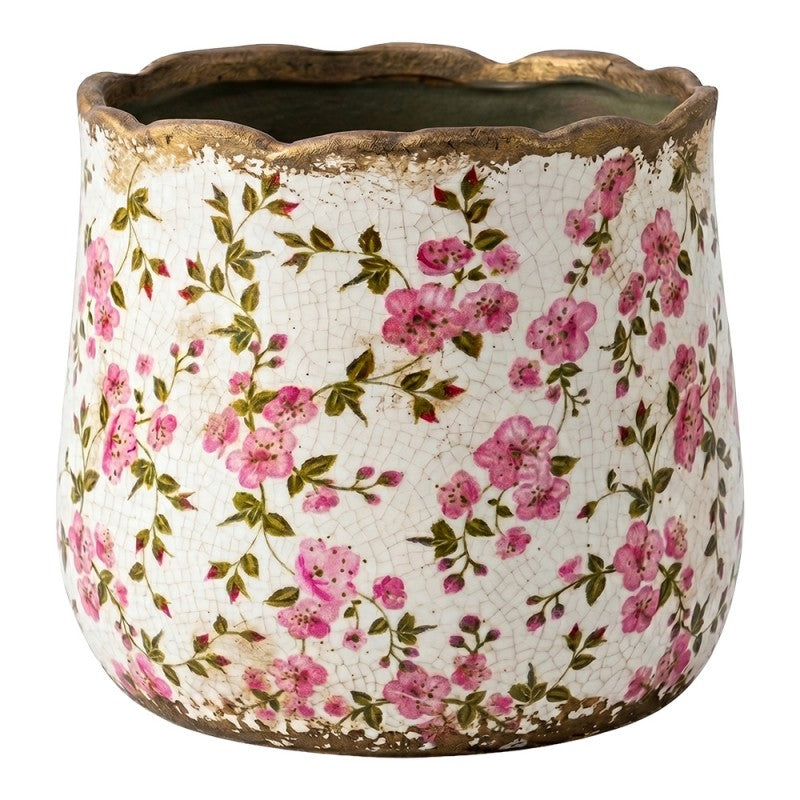Bloempot Beige Keramiek Bloemen - productfoto Noby's Kadoshop