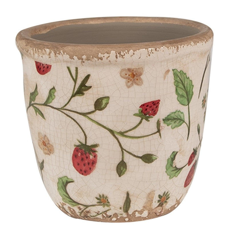 Bloempot Ø 11x10 cm Beige Rood Keramiek Aardbeien Bloempot Binnen - productfoto Noby's Kadoshop