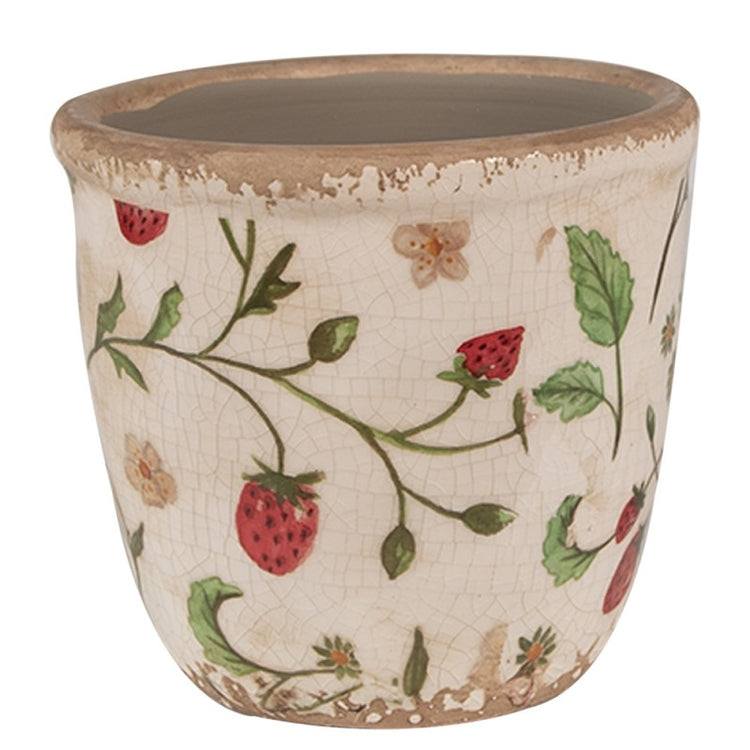 Bloempot Ø 11x10 cm Beige Rood Keramiek Aardbeien Bloempot Binnen - productfoto Noby's Kadoshop