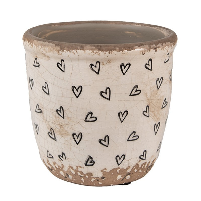 Bloempot Ø 11x11 cm Beige Zwart Keramiek Hartjes Bloempot Binnen - productfoto Noby's Kadoshop