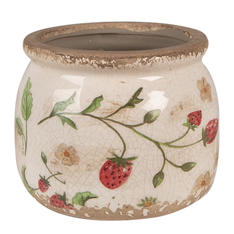 Bloempot Ø 12x10 cm Beige Rood Keramiek Aardbeien Bloempot Binnen - productfoto Noby's Kadoshop