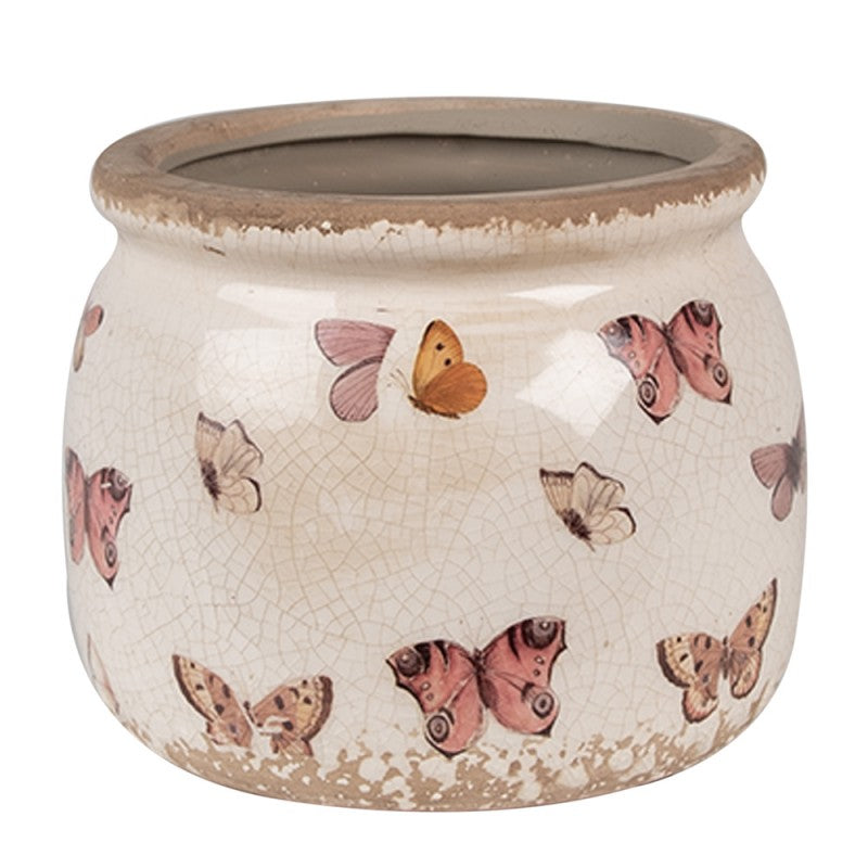 Bloempot Ø 12x10 cm Beige Roze Keramiek Vlinders Bloempot Binnen - productfoto Noby's Kadoshop