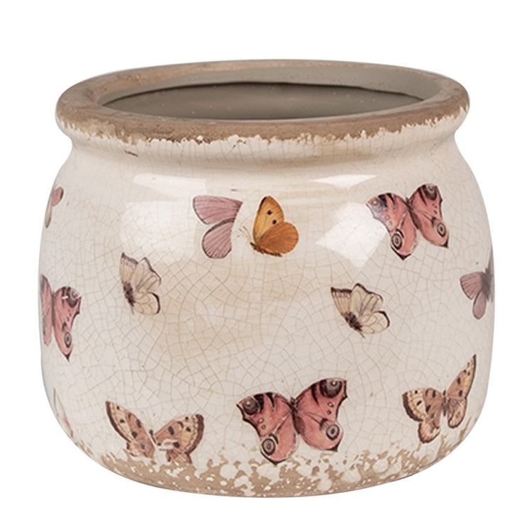Bloempot Ø 12x10 cm Beige Roze Keramiek Vlinders Bloempot Binnen - productfoto Noby's Kadoshop