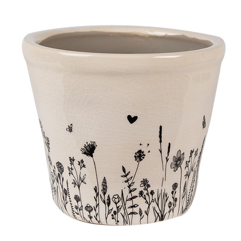 Bloempot Ø 12x11 cm Beige Zwart Keramiek Bloemen Bloempot Binnen - productfoto Noby's Kadoshop