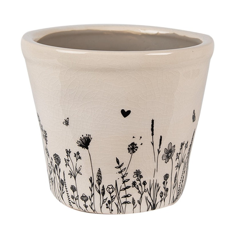 Bloempot Ø 12x11 cm Beige Zwart Keramiek Bloemen Bloempot Binnen - productfoto Noby's Kadoshop