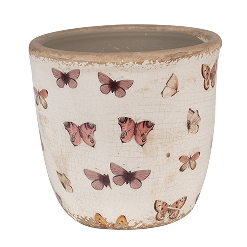 Bloempot Ø 13x12 cm Beige Roze Keramiek Vlinders Bloempot Binnen - productfoto Noby's Kadoshop