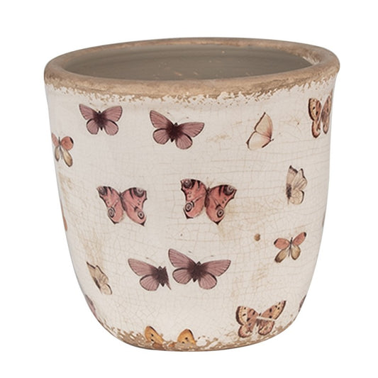 Bloempot Ø 13x12 cm Beige Roze Keramiek Vlinders Bloempot Binnen - productfoto Noby's Kadoshop