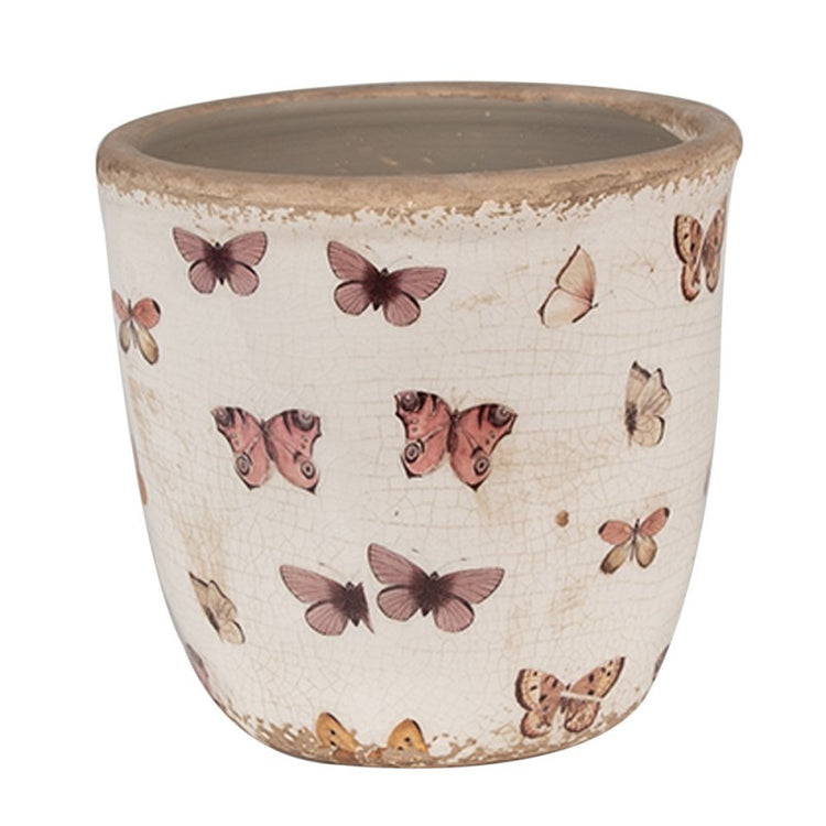 Bloempot Ø 13x12 cm Beige Roze Keramiek Vlinders Bloempot Binnen - productfoto Noby's Kadoshop