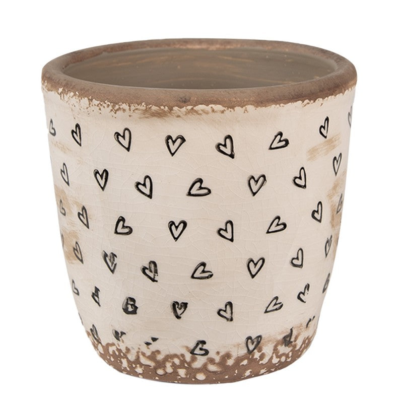 Bloempot Ø 13x12 cm Beige Zwart Keramiek Hartjes Bloempot Binnen - productfoto Noby's Kadoshop