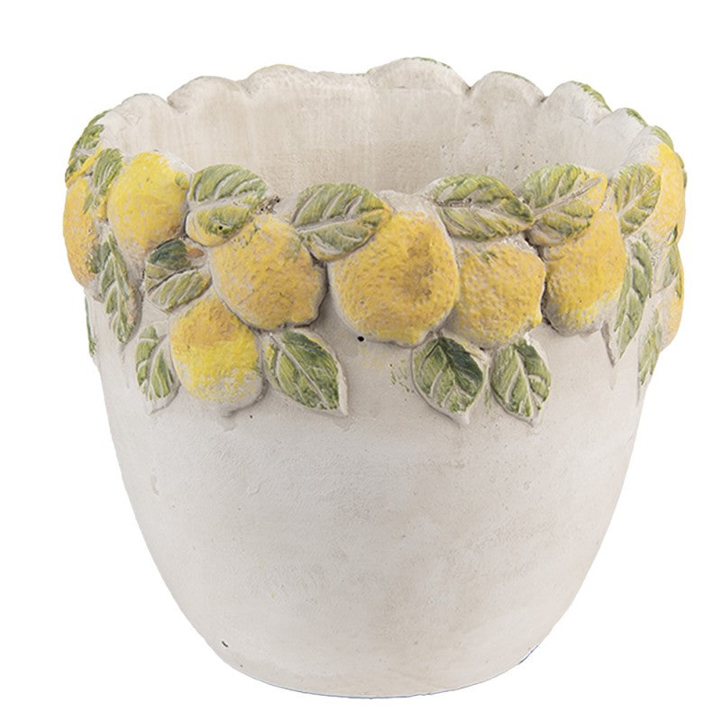Bloempot Ø 14x12 cm Wit Geel Steen Citroenen - productfoto Noby's Kadoshop