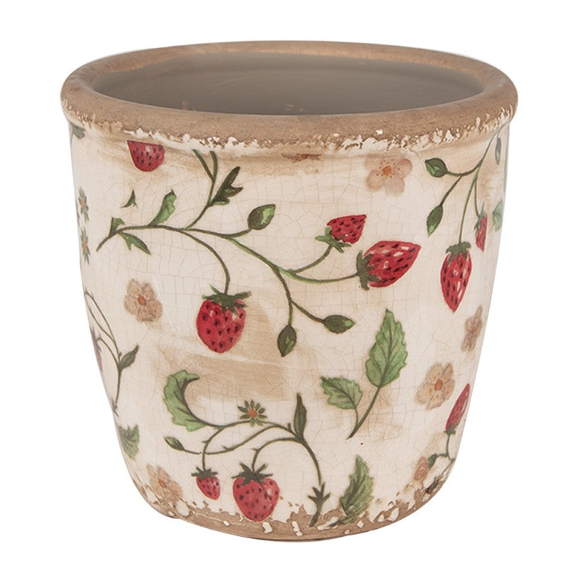Bloempot Ø 14x13 cm Beige Rood Keramiek Aardbeien Bloempot Binnen - productfoto Noby's Kadoshop