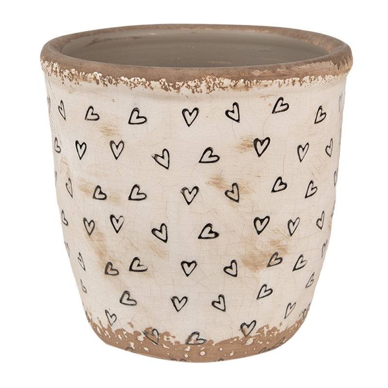 Bloempot Ø 14x13 cm Beige Zwart Keramiek Hartjes Bloempot Binnen - productfoto Noby's Kadoshop