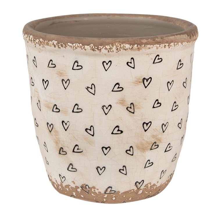 Bloempot Ø 14x13 cm Beige Zwart Keramiek Hartjes Bloempot Binnen - productfoto Noby's Kadoshop