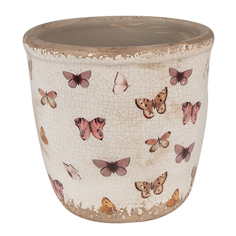 Bloempot Ø 15x14 cm Beige Roze Keramiek Vlinders Bloempot Binnen - productfoto Noby's Kadoshop