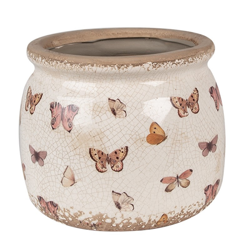 Bloempot Ø 16x13 cm Beige Roze Keramiek Vlinders Bloempot Binnen - productfoto Noby's Kadoshop