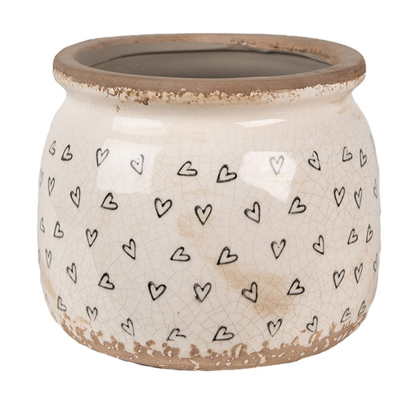 Bloempot Ø 16x13 cm Beige Zwart Keramiek Hartjes Bloempot Binnen - productfoto Noby's Kadoshop