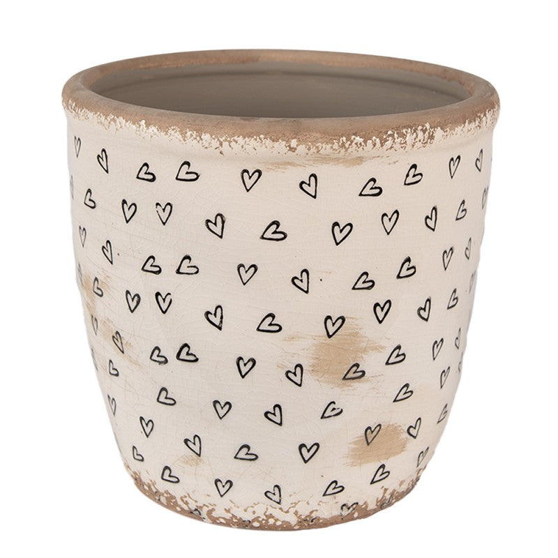 Bloempot Ø 16x16 cm Beige Zwart Keramiek Hartjes Bloempot Binnen - productfoto Noby's Kadoshop