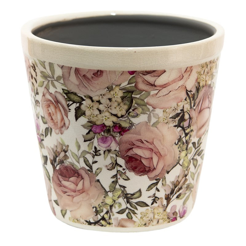 Bloempot Ø 17x16 cm Wit Roze Keramiek Bloemen Bloempot Binnen - productfoto Noby's Kadoshop