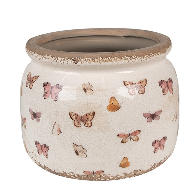 Bloempot Ø 20x15 cm Beige Roze Keramiek Vlinders Bloempot Binnen - productfoto Noby's Kadoshop