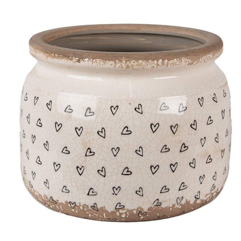 Bloempot Ø 20x15 cm Beige Zwart Keramiek Hartjes Bloempot Binnen - productfoto Noby's Kadoshop