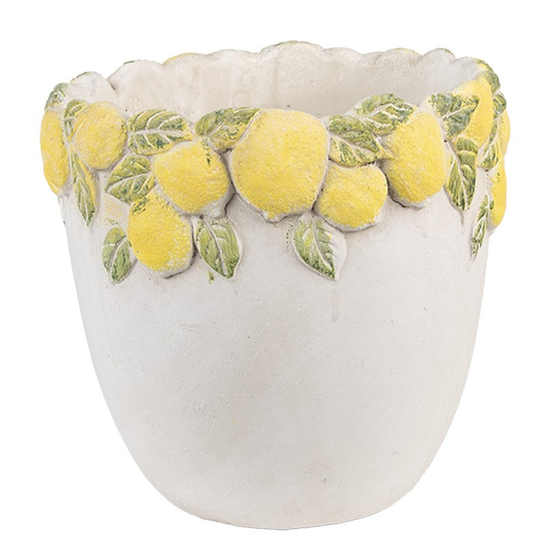 Bloempot Ø 20x19 cm Wit Geel Steen Citroenen - productfoto Noby's Kadoshop