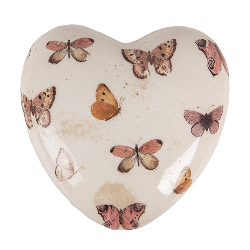 Decoratie Hart 10X10x4 cm Beige Roze Keramiek Vlinders Woondecoratie - productfoto Noby's Kadoshop
