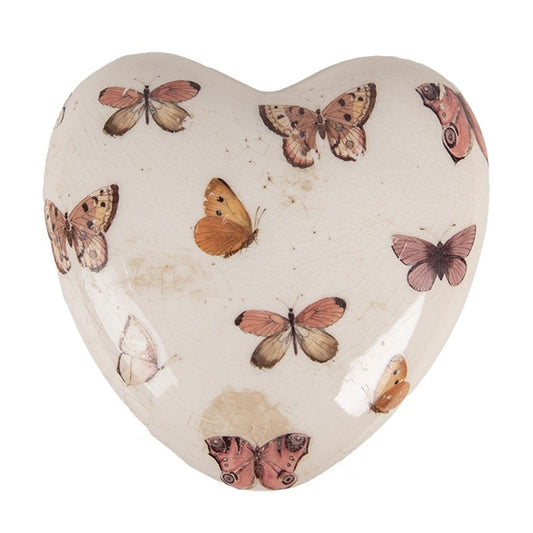 Decoratie Hart 10X10x4 cm Beige Roze Keramiek Vlinders Woondecoratie - productfoto Noby's Kadoshop