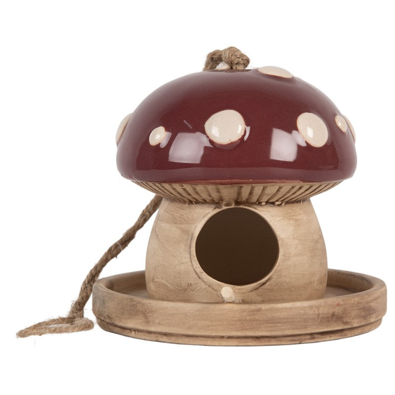 Decoratie Vogelhuis Paddenstoel Ø 13x13 cm Beige Rood Keramiek - productfoto Noby's Kadoshop