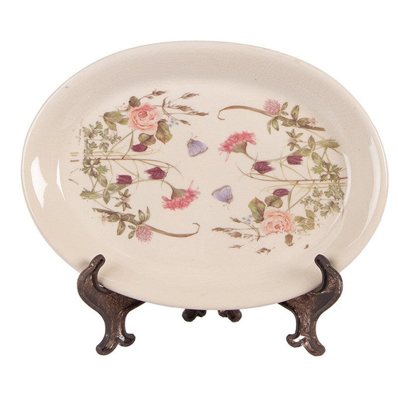 Onderbord 25x18x2 cm Beige Roze Keramiek Bloemen - productfoto Noby's Kadoshop