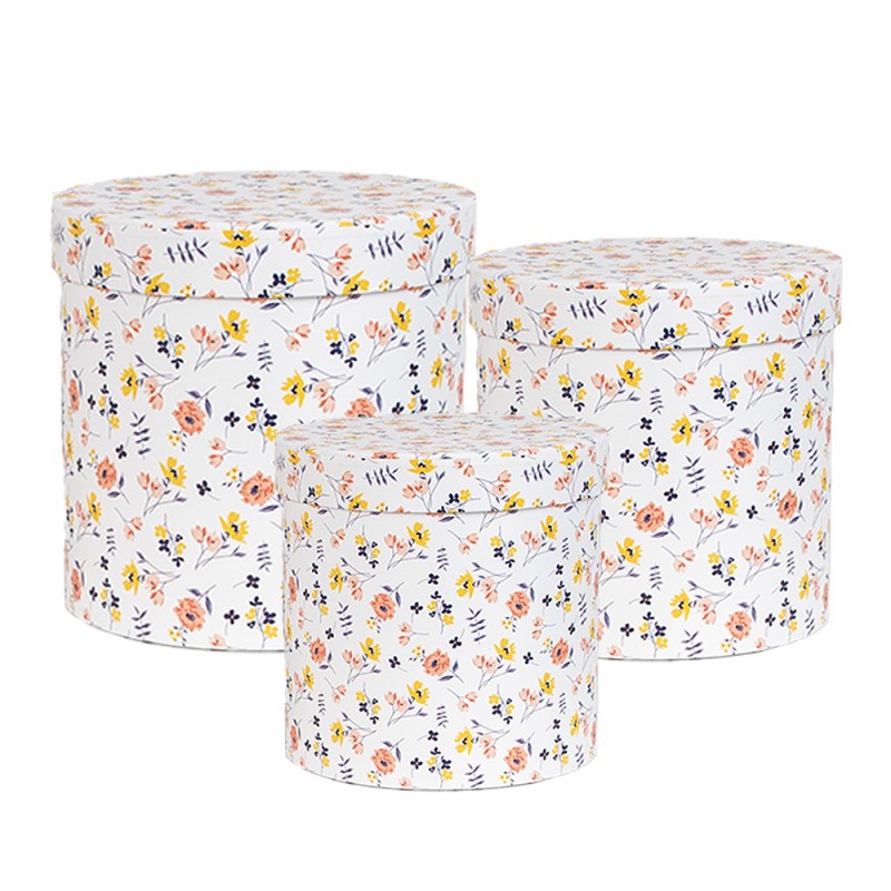 Opbergdoos Set van 3 Ø 19x19 / Ø 17x17 / Ø 15x15 cm Wit Karton Bloemen - productfoto Noby's Kadoshop