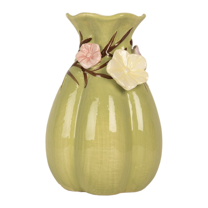 Vaas Ø 14x21 cm Groen Keramiek Bloemen - productfoto Noby's Kadoshop