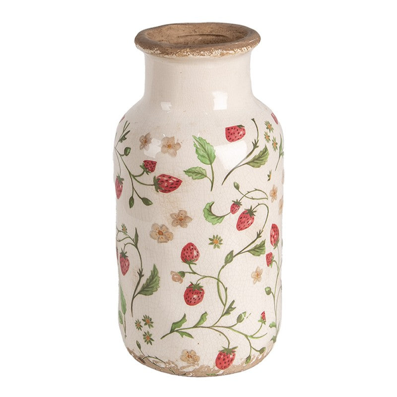 Vaas Ø 14x26 cm Beige Rood Keramiek Aardbeien - productfoto Noby's Kadoshop
