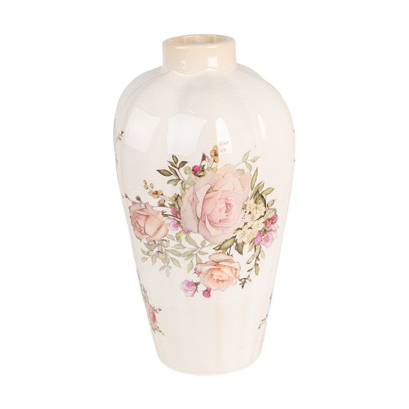 Vaas Ø 17x30 cm Beige Roze Keramiek Rozen - productfoto Noby's Kadoshop