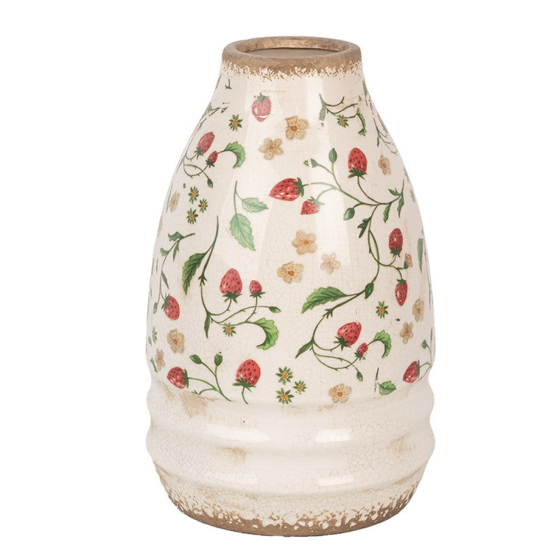 Vaas Ø 21x32 cm Beige Rood Keramiek Bloemen - productfoto Noby's Kadoshop